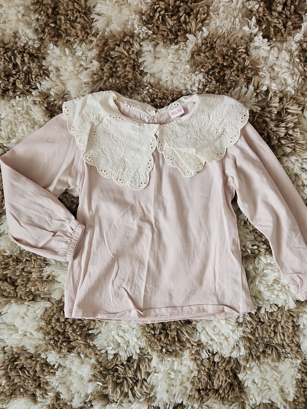 Zara Pale Pink Long-Sleeve Top with Embroidered Cream Collar | Size 5